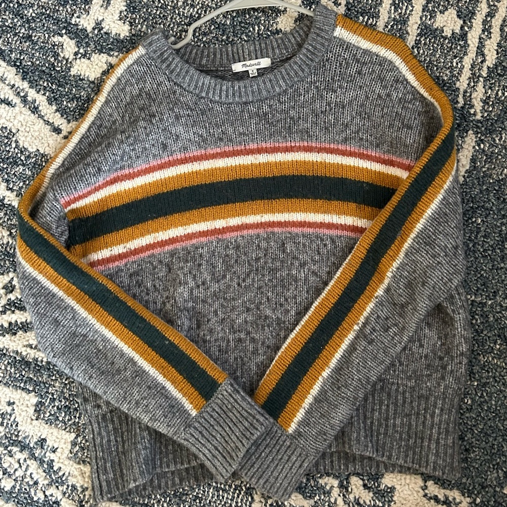 Madewell Gray Crewneck Sweater with Mustard, Green & Pink Stripes